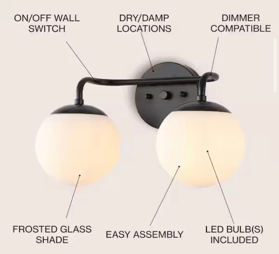 JONATHAN Y Louis Parisian Globe 15 in. 2-Light Metal/Frosted Glass Modern Contemporary LED Vanity Light, Black