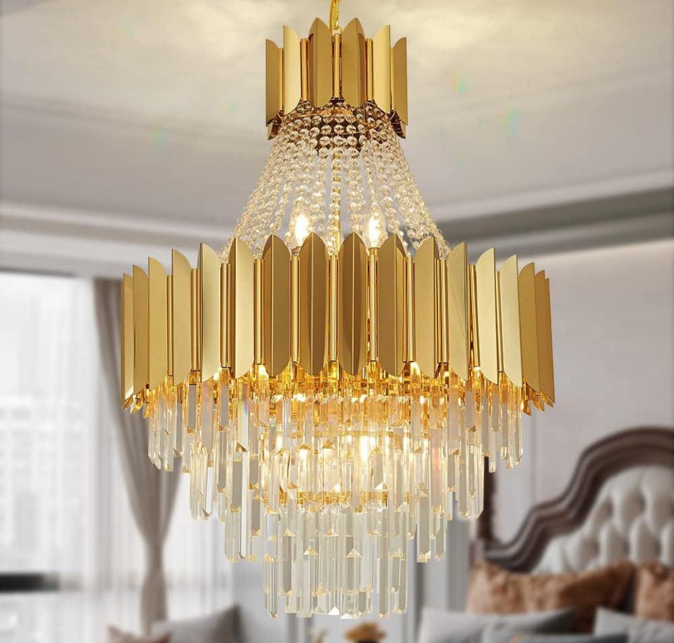 Luxury AHOC modern crystal chandelier with gold finish, featuring a four-tier raindrop design for living and dining rooms.