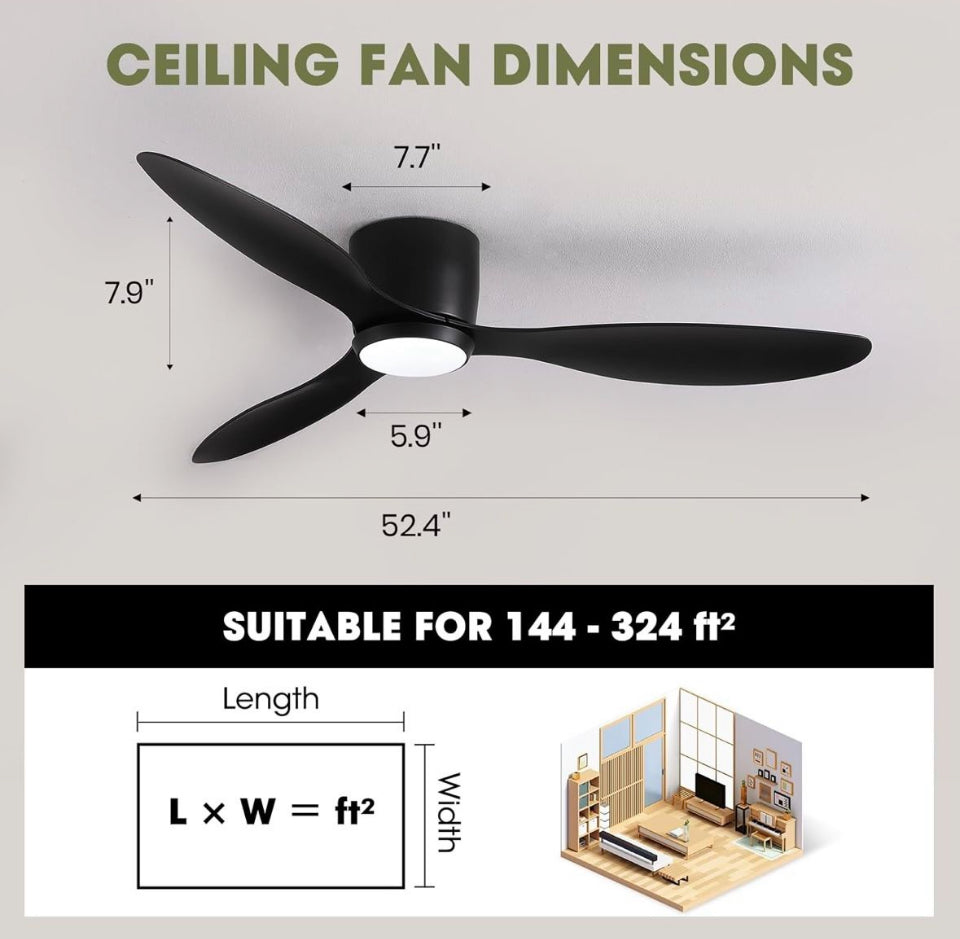 Open box ludomide Ceiling Fans with Lights, Low Noise Reversible Airflow DC Motor 52 Inch Ceiling Fan with Remote Control, Flush Mount Ceiling Fan for