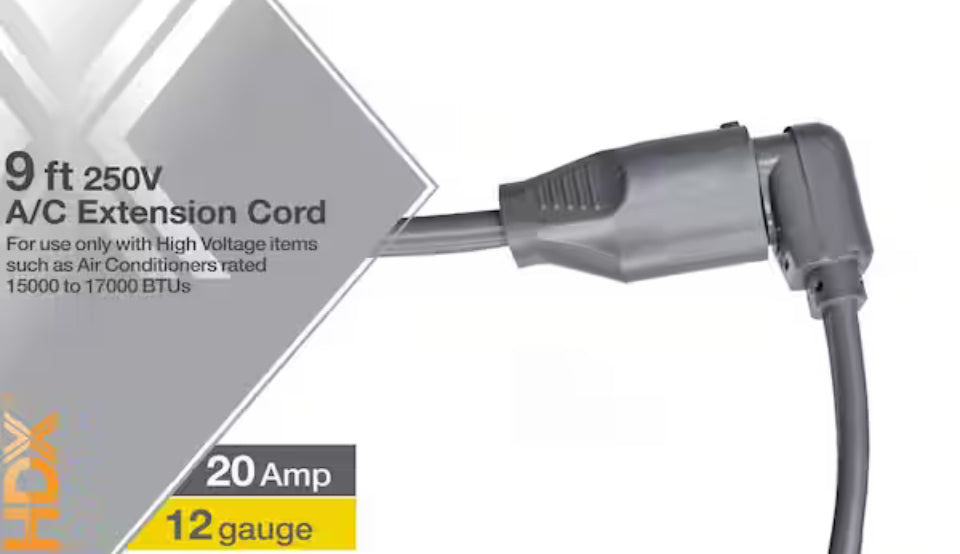 HDX 9 ft. 12/3 20 Amp 250-Volt Air Conditioner Extension Cord, Grey