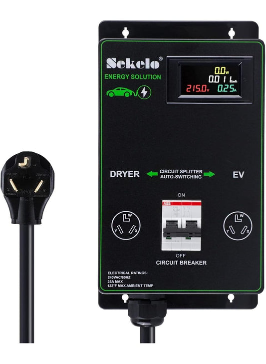 Sekelo Smart EV Charging automatic power switch with real-time display and NEMA 10-30 outlets for dryer and EV fast charging integration