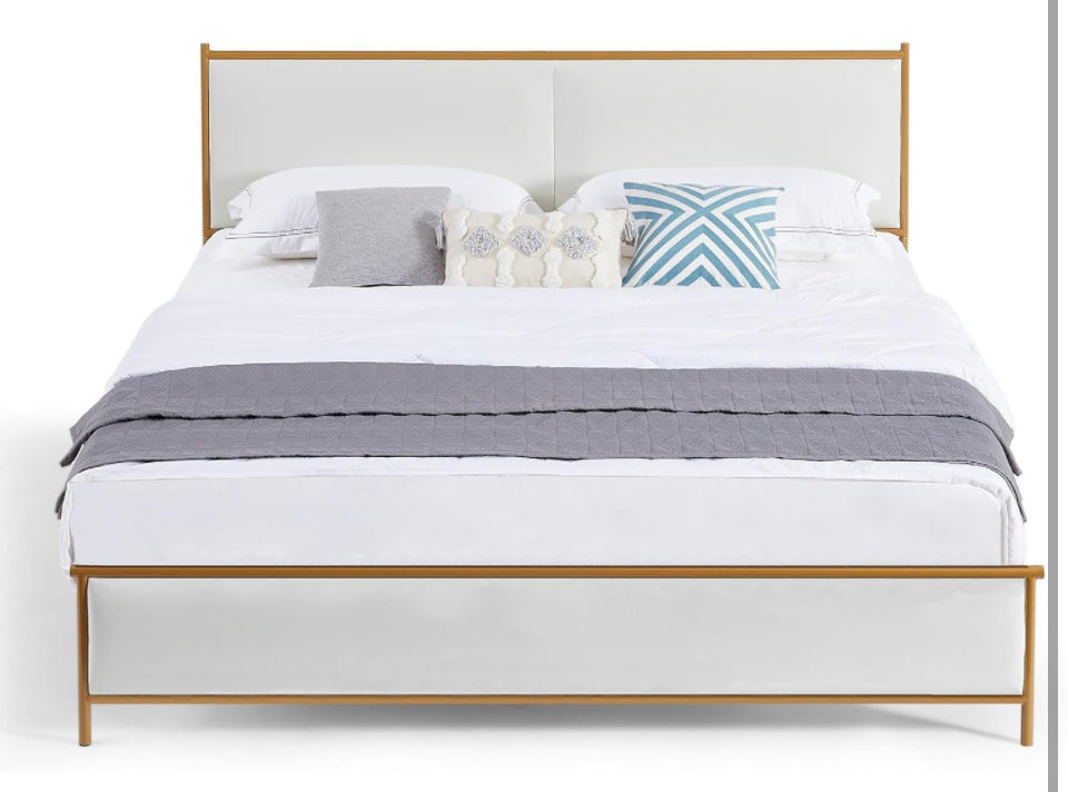 •Dolonm Upholstered King Size Platform Bed Frame, with Headboard and Strong Wooden Slats Metal Bed Frames, No Box Spring Needed Sponge Soft Bag Platfo