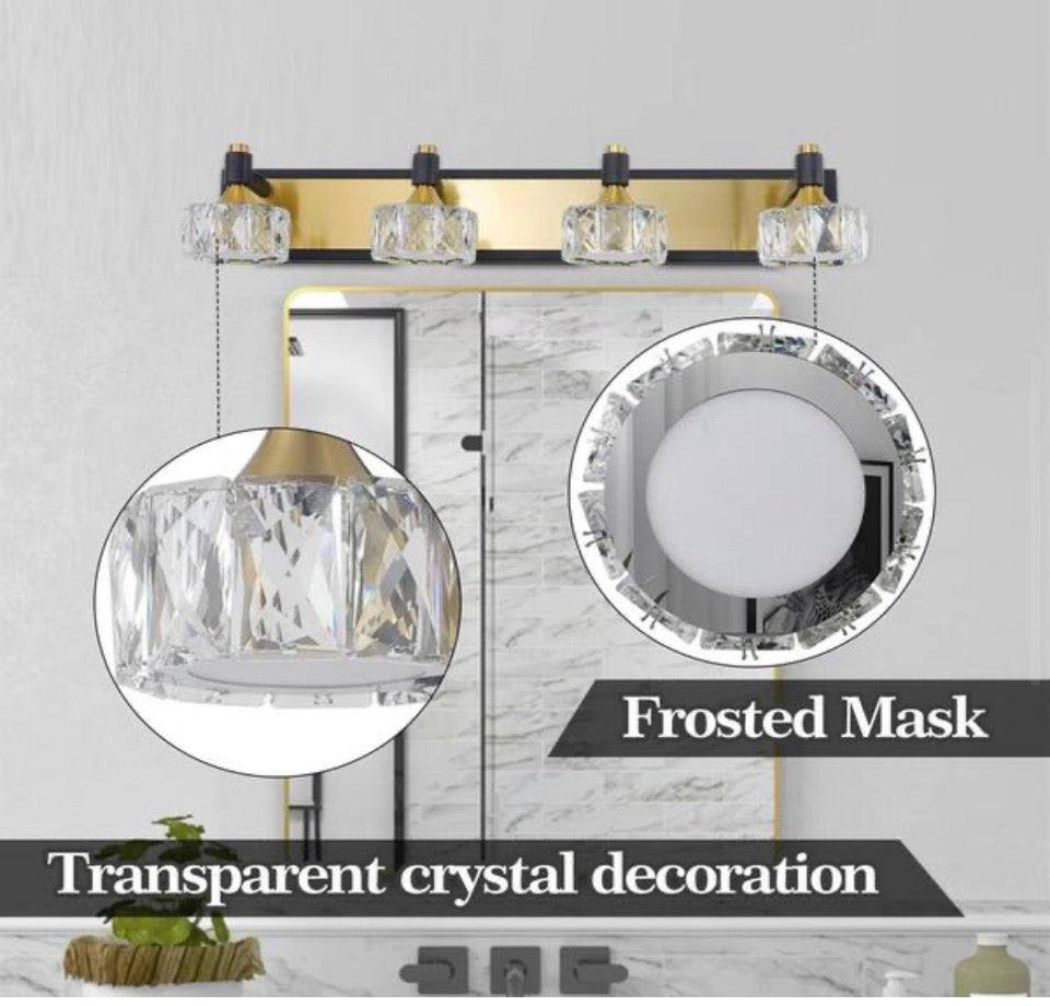 Brknit 4-Light Black Crystal Bathroom Vanity Light Fixtures Over Mirror Modern Dimmable LED Wall Lights for Bathroom