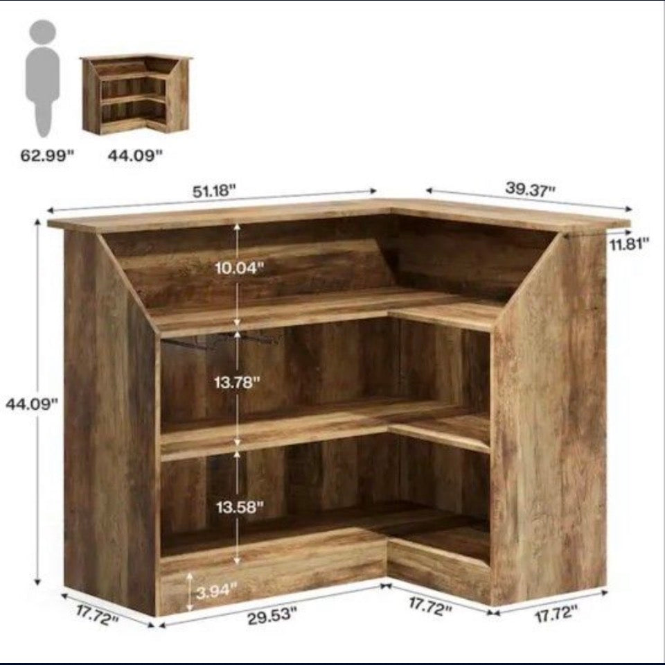Open Box New BYBLIGHT Kearsten Brown 46.5 in. Bar Cabinet, L-Shaped Home Bar Table with Stemware Racks, 4-Tier Corner Bar Unit for Home Pub