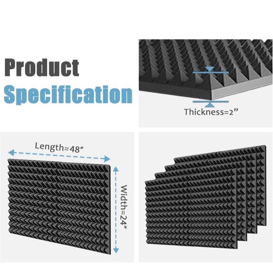 FOUCARSI 4 Pack Pyramid Designed Acoustic Foam Panels, 48"x24"x2"Sound Proof Foam Panels of High Density and Soundproof Wall Panels Fast Expand, Studi