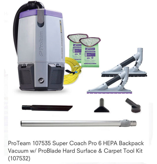 ProTeam 107535 Super Coach Pro 6 HEPA Backpack Vacuum w/ ProBlade Hard Surface & Carpet Tool Kit (107532)