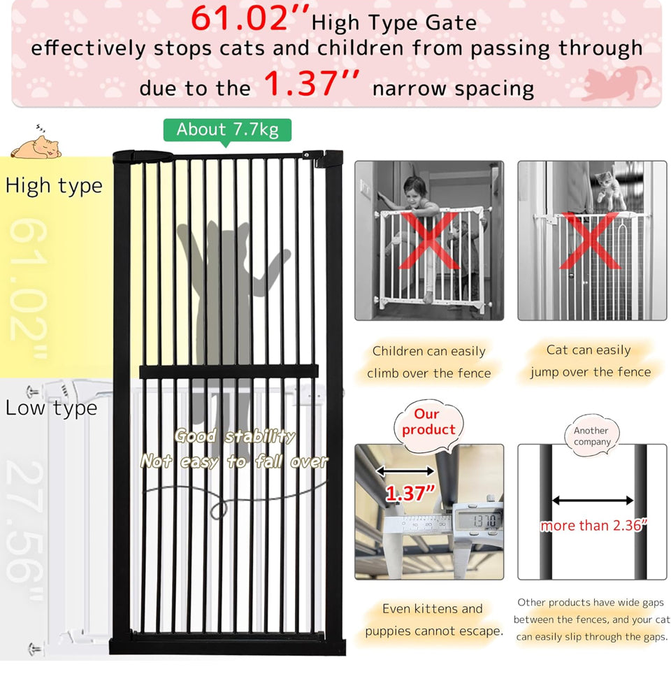 Open Box "Lumizone Extra Tall Cat Gate 61.02"" High Pressure Mounted Extra Wide 30.12""-34.05"" (17Sizes) 1.37"" Gap No Drilling Auto-Close Tall Pet G