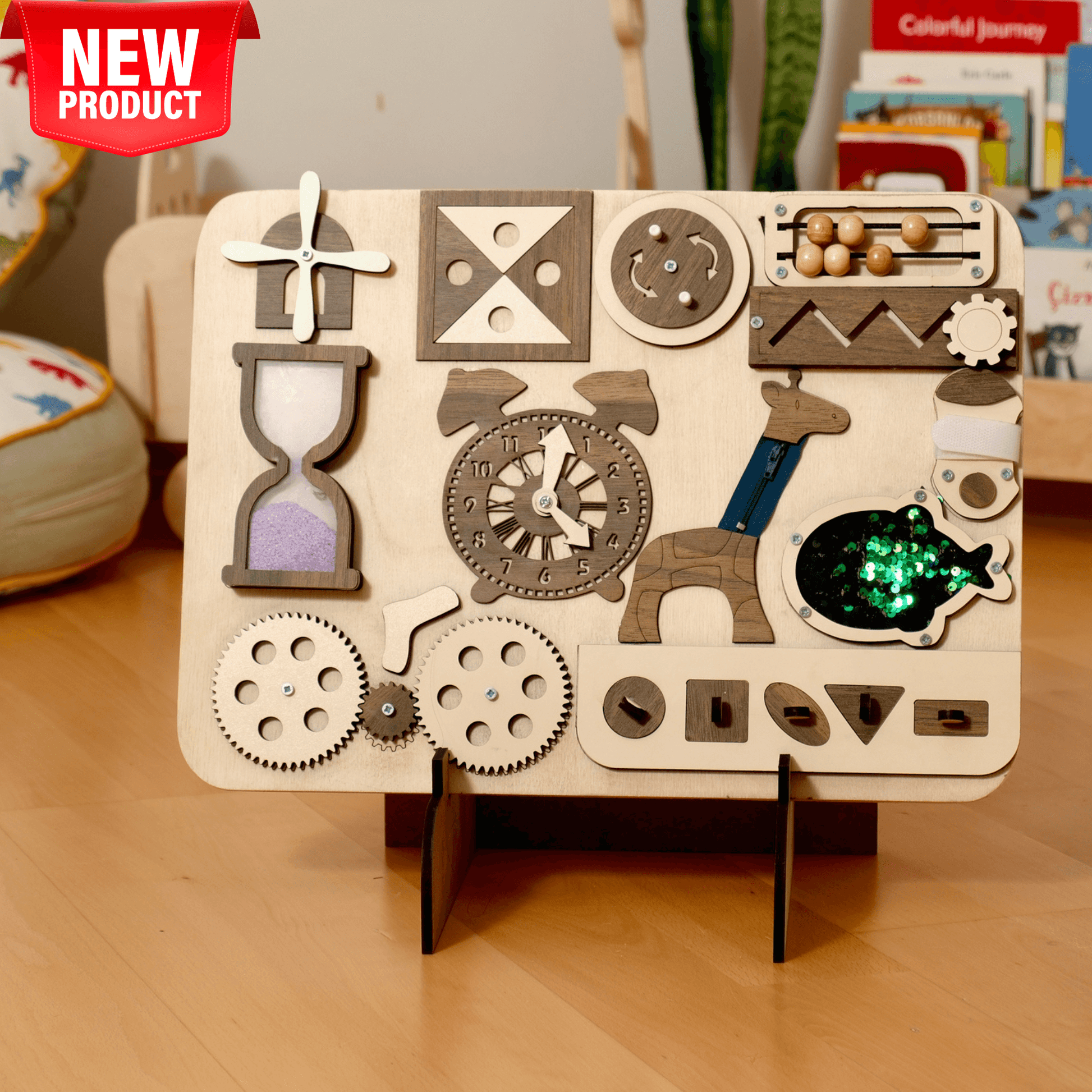 Wooden Busy Board for toddlers with 12 sensory activities including gears, clock, hourglass, abacus, made from eco-friendly beech wood, designed for motor skills and cognitive development.