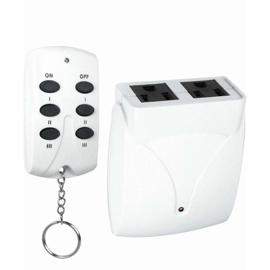 PRIME 3pk Wireless Remote Control Kit for indoor outlets with 6-button remote and three receivers on white background