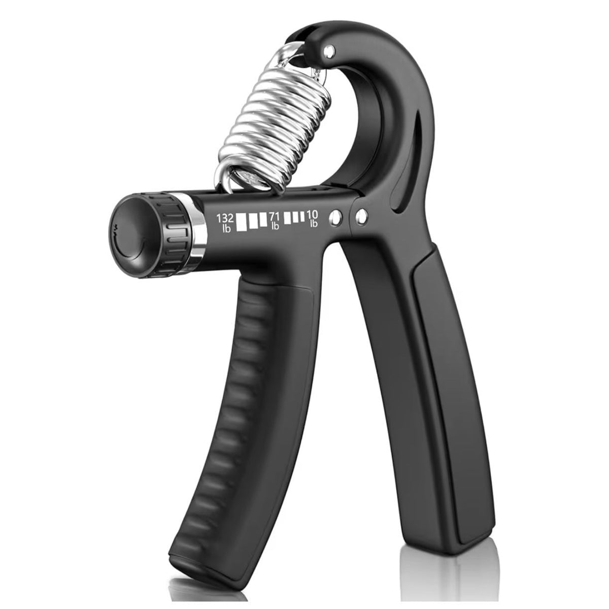 Hand grip strengthener, black textured ergonomic handles with exposed silver steel spring and adjustable resistance dial, FitBeast Grip Strengthener