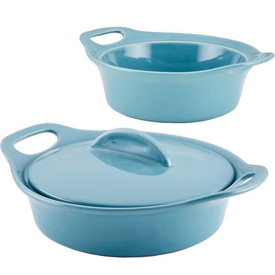 Rachael Ray Solid Glaze Ceramics 3-piece agave blue casserole bakeware set with shared lid