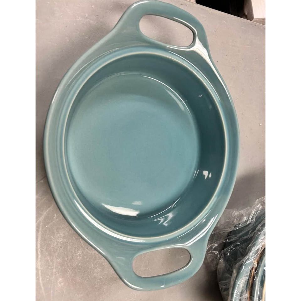 Rachael Ray Solid Glaze Ceramics Casserole Bakeware/Baker Set with Shared Lid, 3 Piece, Agave Blue