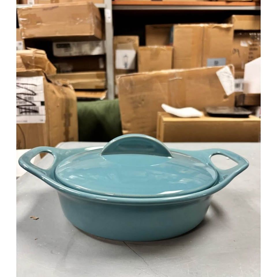 Rachael Ray Solid Glaze Ceramics Casserole Bakeware/Baker Set with Shared Lid, 3 Piece, Agave Blue