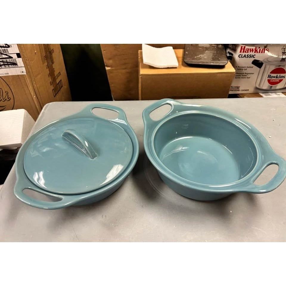 Rachael Ray Solid Glaze Ceramics Casserole Bakeware/Baker Set with Shared Lid, 3 Piece, Agave Blue