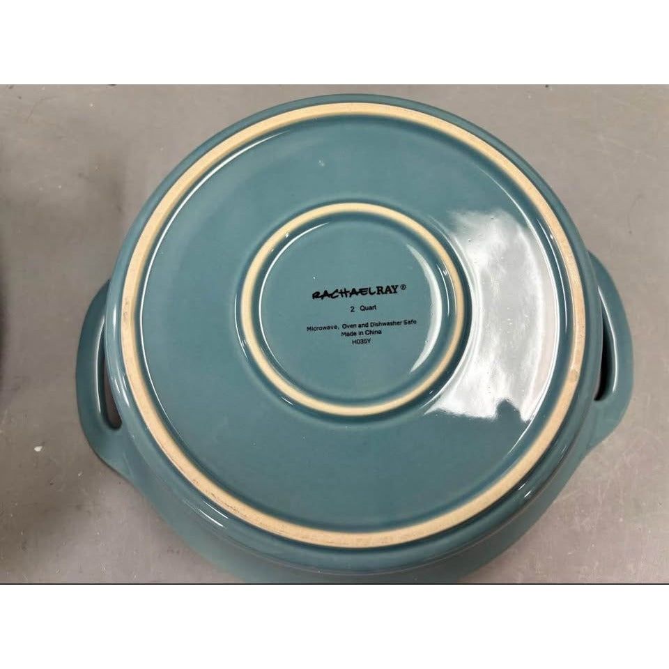 Rachael Ray Solid Glaze Ceramics Casserole Bakeware/Baker Set with Shared Lid, 3 Piece, Agave Blue
