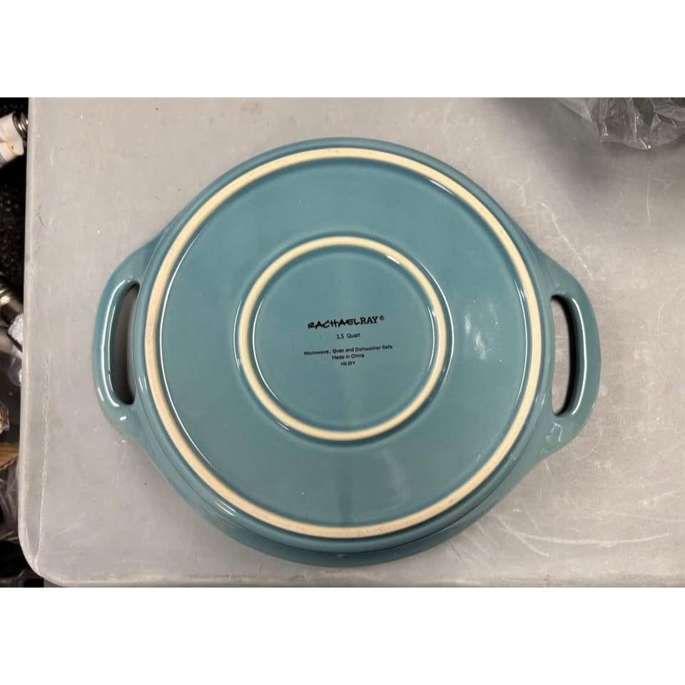Rachael Ray Solid Glaze Ceramics Casserole Bakeware/Baker Set with Shared Lid, 3 Piece, Agave Blue