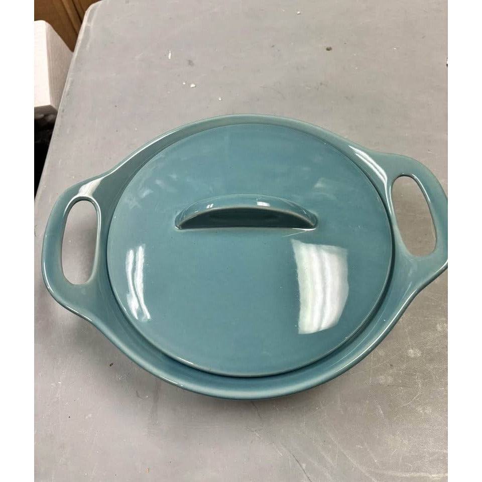 Rachael Ray Solid Glaze Ceramics Casserole Bakeware/Baker Set with Shared Lid, 3 Piece, Agave Blue