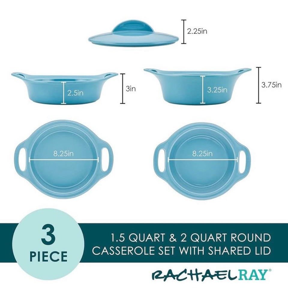 Rachael Ray Solid Glaze Ceramics Casserole Bakeware/Baker Set with Shared Lid, 3 Piece, Agave Blue