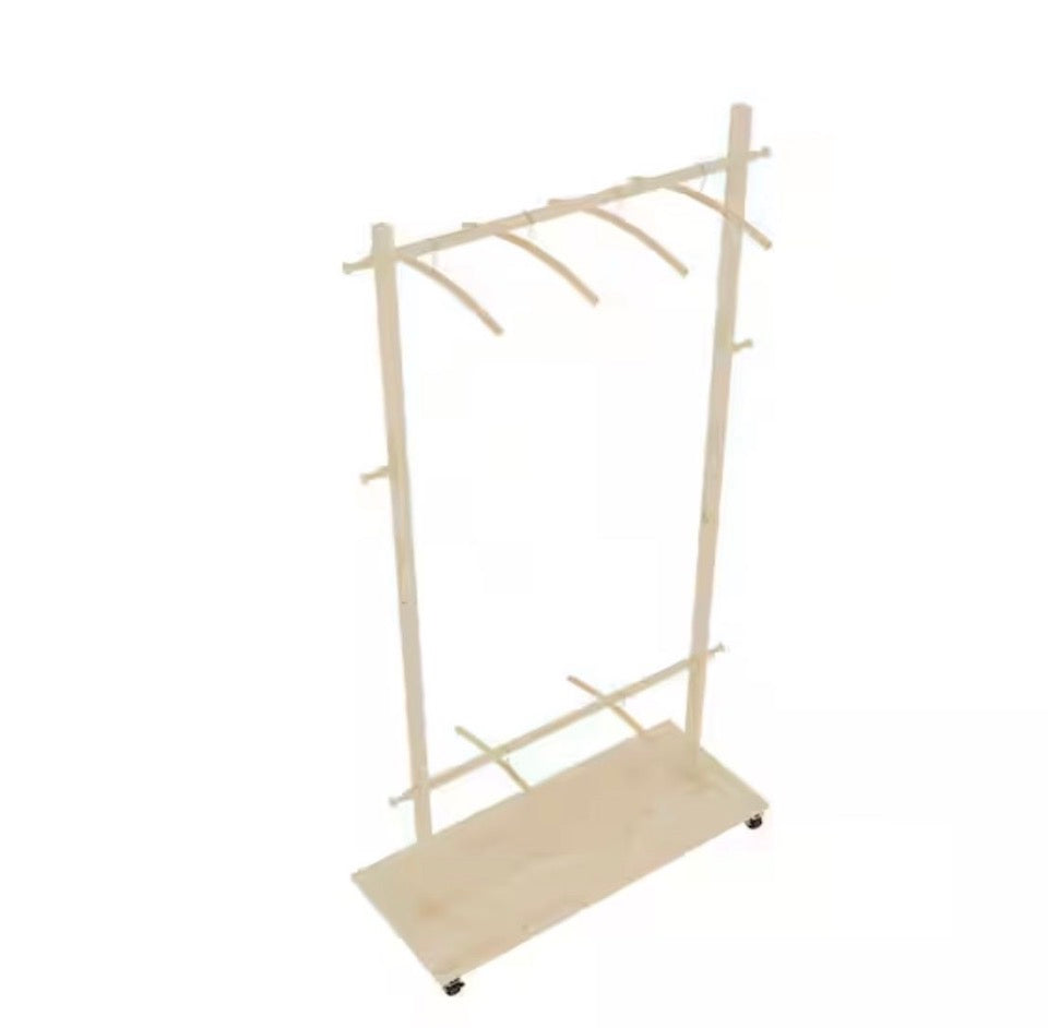 OPEN BOX NEW Angel Sar 38.2 in. x 15.7 in. x 72.1 in. Solid Wood Modern Clothes Rack with 6 Wooden Hangers, Adjustable Shelf and Wheels