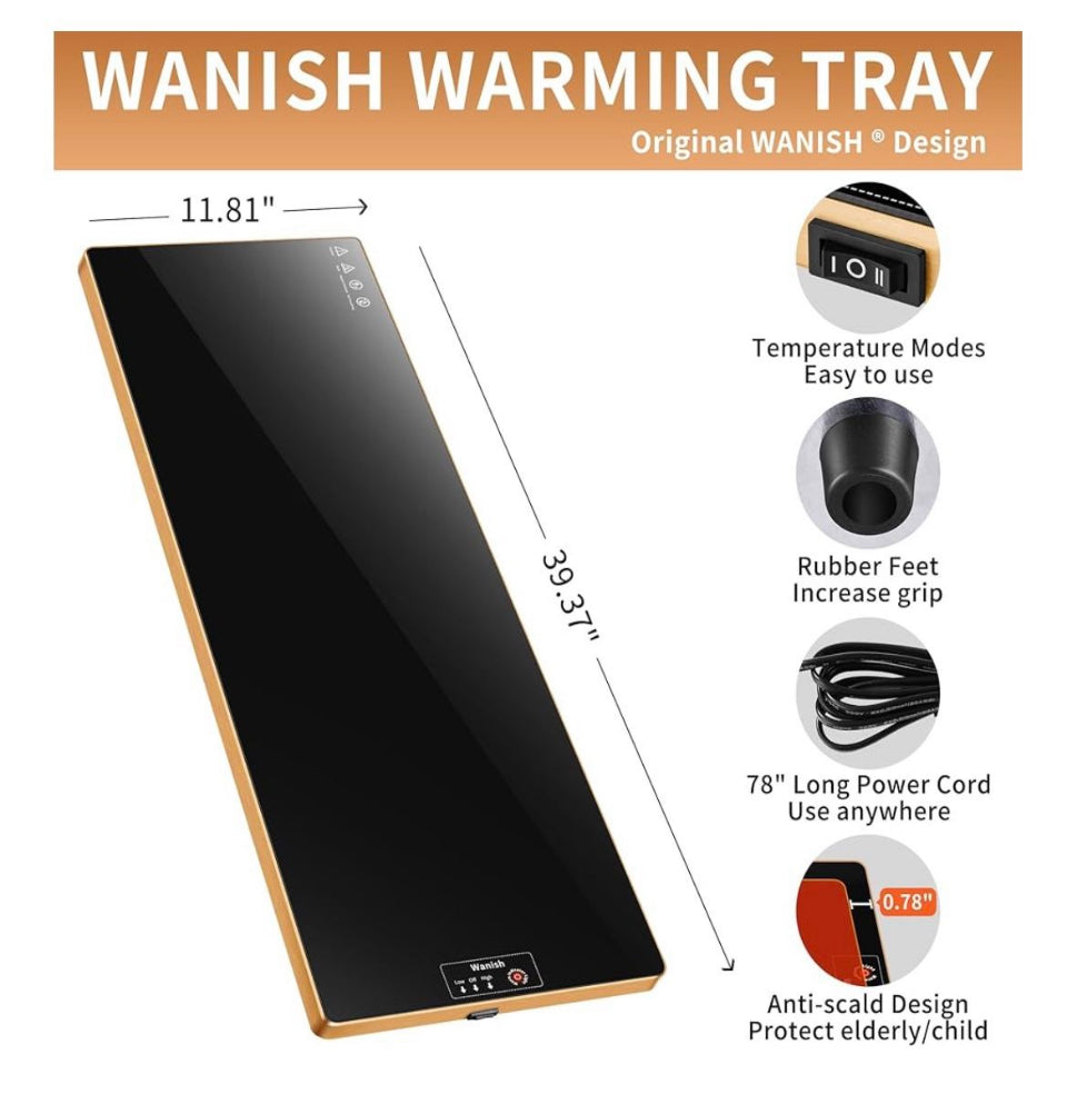 Wanish Electric Warming Tray（Extra Long 40”x12”），Food Warmer with Thermostat and Full Surface Heating，Food Warming Mat with 2 Temperature Modes for Pa