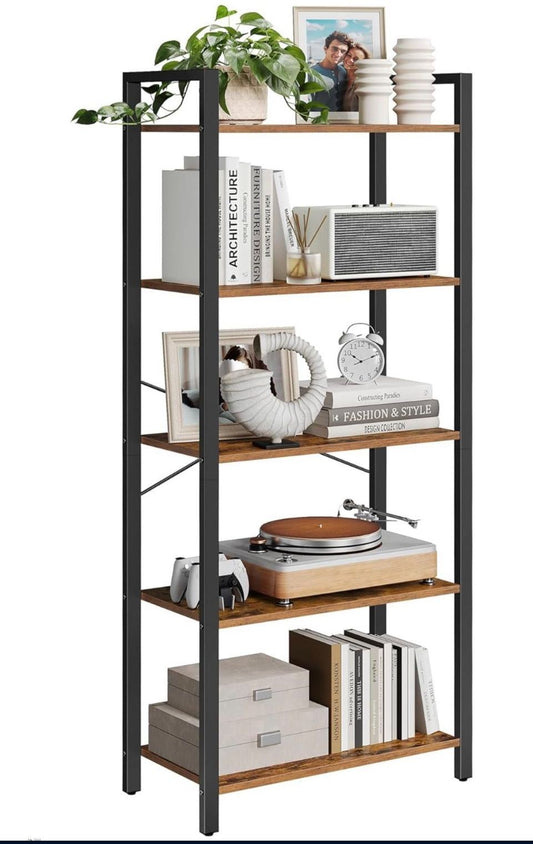 VASAGLE 5-Tier Bookshelf with rustic brown shelves and black steel frame for home office and living room storage