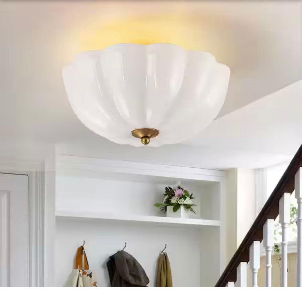 LLHZSY 15.94 in. 3-light brass and white bowl semi-flush mount ceiling light with petal-shaped glass shade