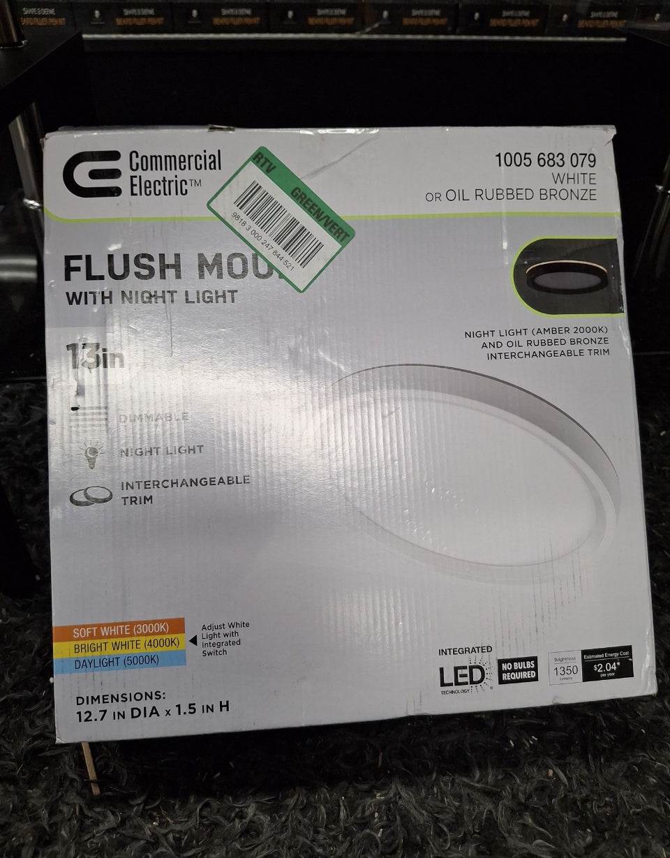 Open Box Commercial Electric 13 in. White, Oil Rubbed Bronze Trims 1350 Lumens LED Flush Mount Ceiling Light Fixture with Night Light Adjustable CCT