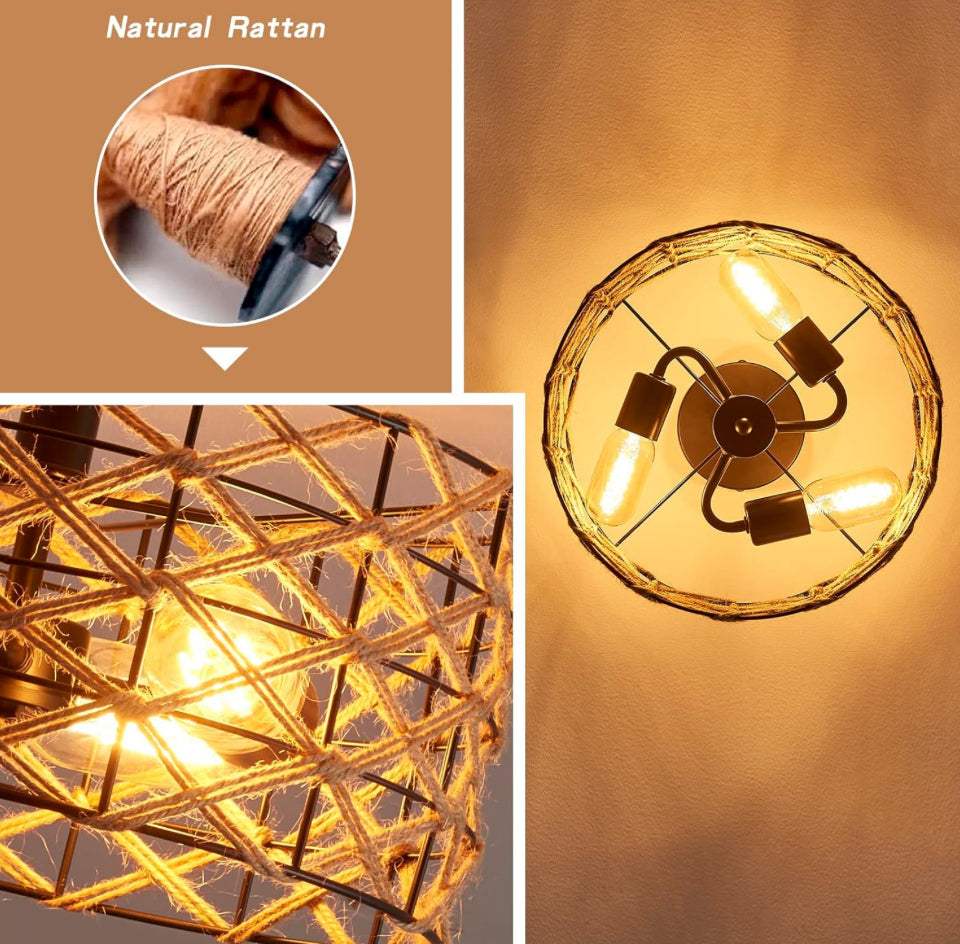 Open Box BUXVRCS Boho Flush Mount Ceiling Light, 3-Lights Black Drum Rustic Industrial Hemp Rope Cage Overhead Light Fixture, Rattan Light Fixtures for Hallway Bedroom Kitchen Entryway Farmhouse E26 Base