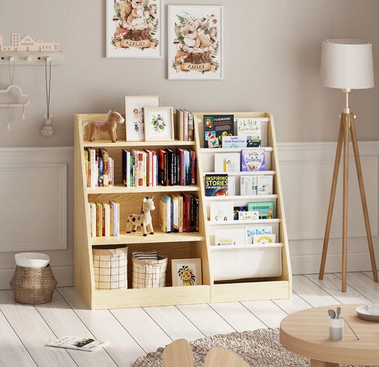 Kids standard bookcase with wooden shelves and canvas sling pockets for organizing books and toys in a cozy children's room
