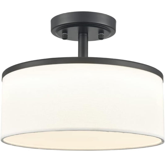 Deynite Modern LED black semi-flush mount ceiling light fixture with adjustable dimmable white fabric shade