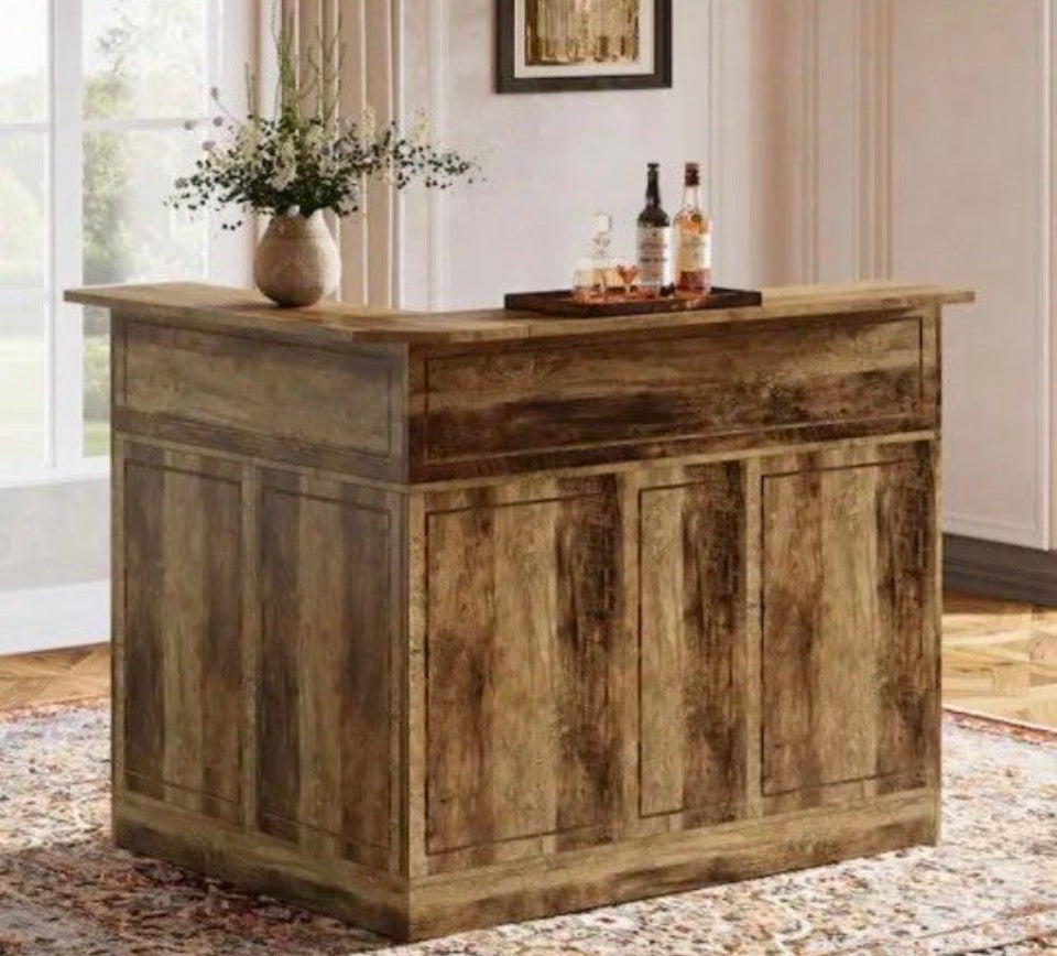 Open Box New BYBLIGHT Kearsten Brown 46.5 in. Bar Cabinet, L-Shaped Home Bar Table with Stemware Racks, 4-Tier Corner Bar Unit for Home Pub