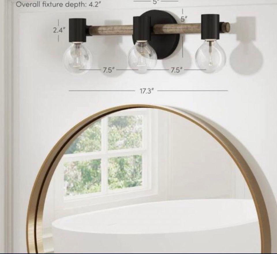 Open Box New Nathan James Henry 17 in. 3-Light Black Bathroom Vanity Light Wood and Metal NEW