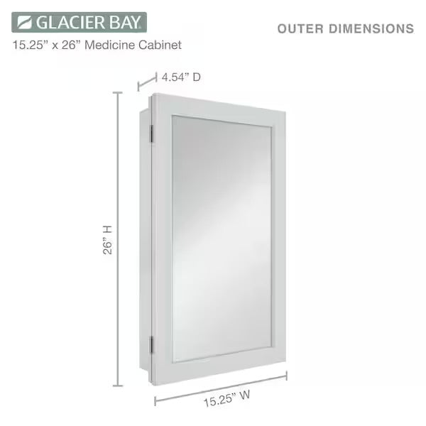 Open Box Glacier Bay 15-1/4 in. W x 26 in. H Framed Recessed or Surface-Mount Bathroom Medicine Cabinet with Mirror, Gray