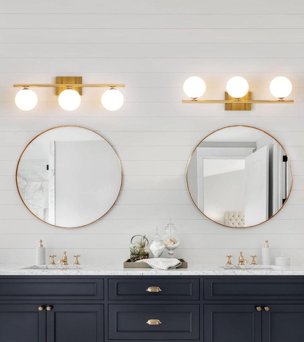 Gold Bathroom Vanity Light Fixtures,3 Lights Brass Milk White Globe - Selzalot