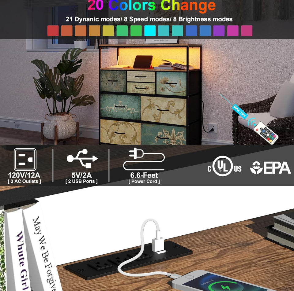 Open Box Sealed Tohomeor TV Stand with Power Oulet Dresser with Charging Station & LED Light Dresser with 8 Fabric Drawers for Living Room Storage Che