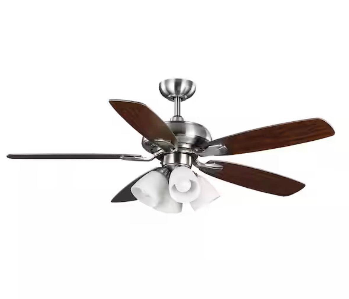 Hampton Bay
Hollis 52 in. Indoor LED Brushed Nickel Dry Rated Ceiling Fan with 5 Reversible Blades, Light Kit and Remote Control