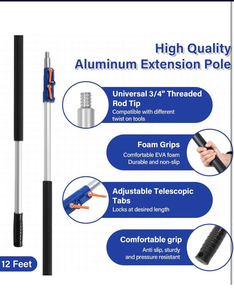 Open Box SHINMING Telescoping Extension Pole, 5-12FT Multi-Purpose Extendable Pole with Universal Twist-on Metal Tip for Hanging Light Bulb Changer, P