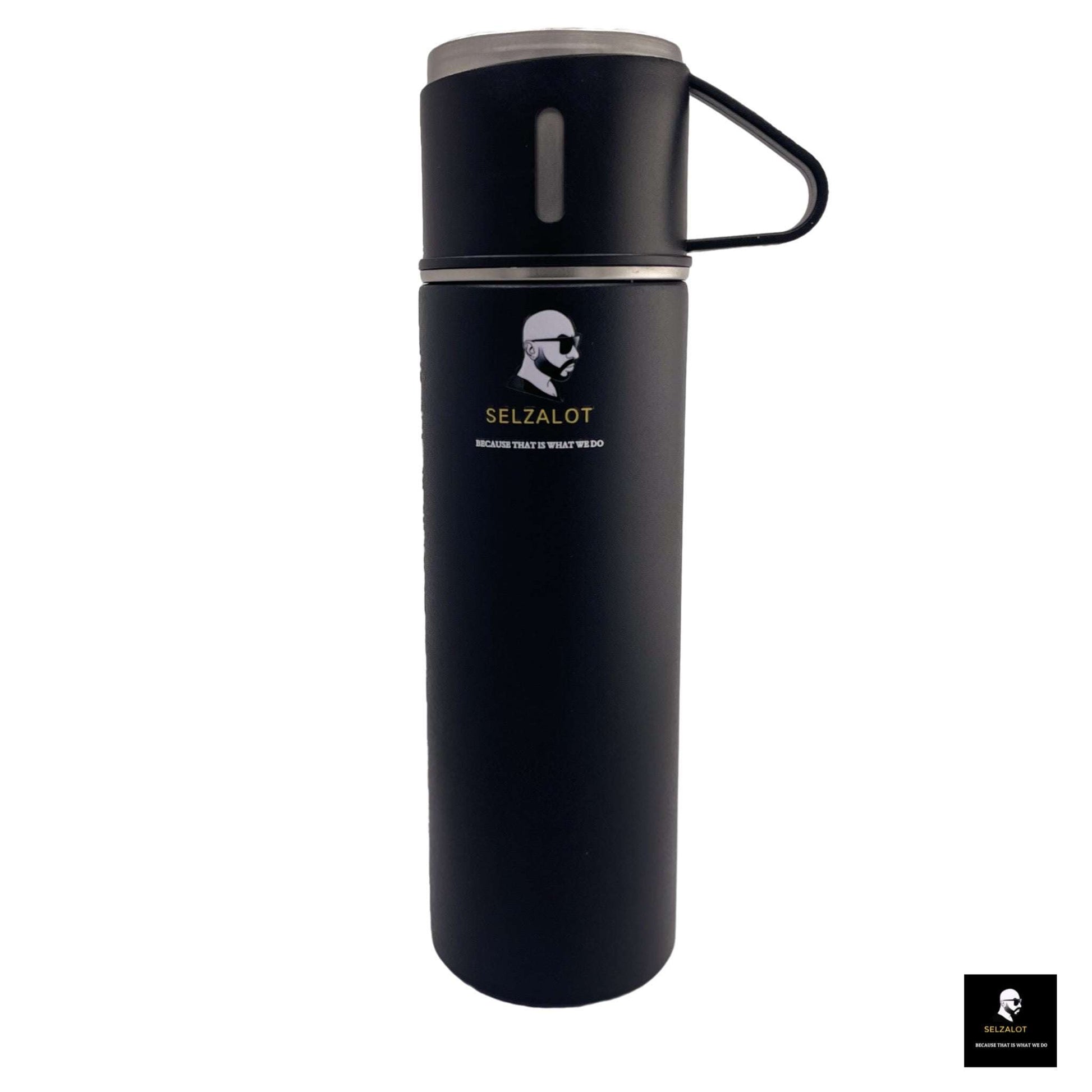 SELZALOT Stainless Steel Vacuum Flask Set, 500ML Gift Set, Black, Thickened Food Grade 304 Stainless Steel, Durable Insulation, Ergonomic Design, with 3 Cups - Selzalot