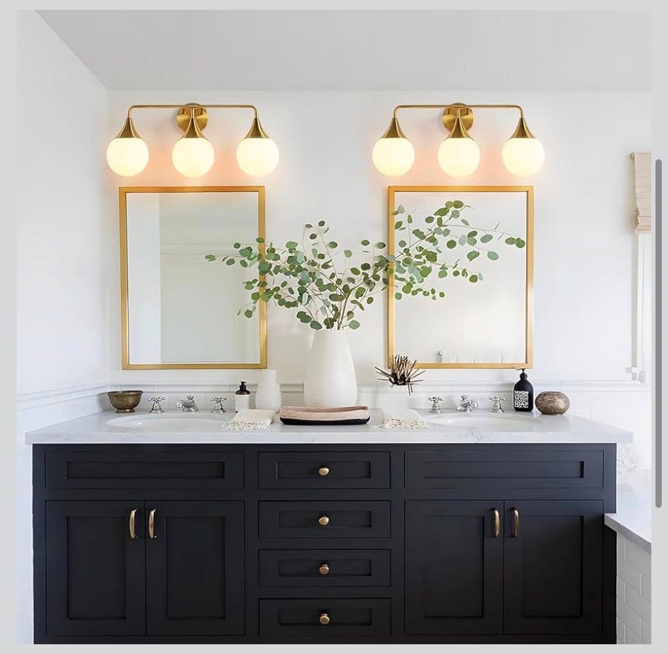 HAHZT Bathroom Vanity Light Fixtures: 3-Light Mid Century Modern Bathroom Lighting Fixtures Over Mirror - Brass Gold Wall Sconce with Milky White Globe Glass for Bath Living Room