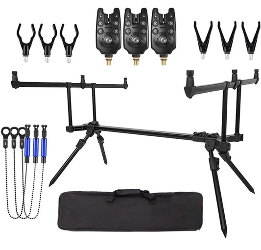 Adjustable retractable carp fishing rod stand holder with 3 bite alarms, 3-piece bait swinger set, and carry bag