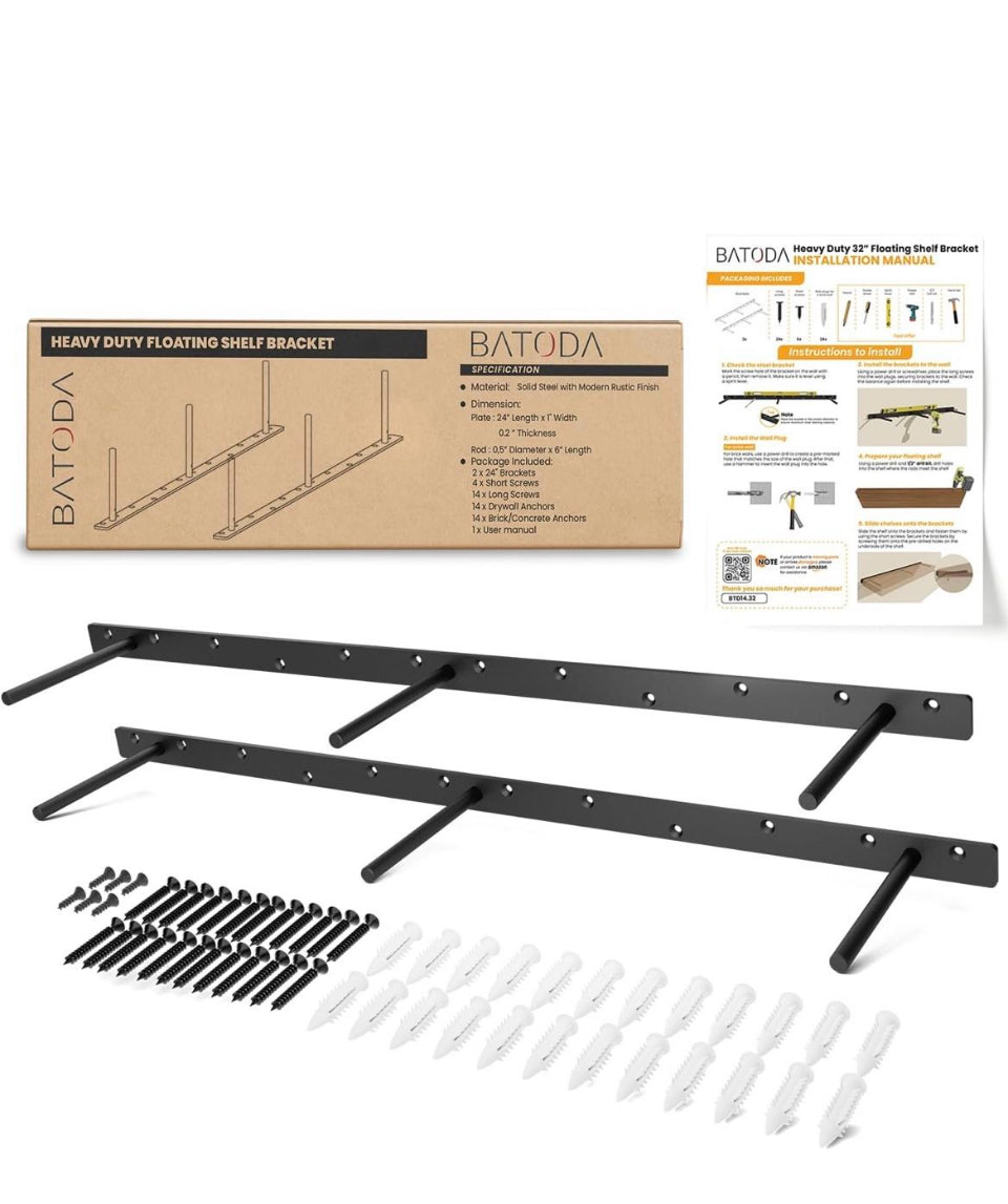Open box BATODA 32" Heavy Duty Floating Shelf Bracket (2 pcs) – Solid Steel Blind Shelf Supports - Hidden Brackets for Floating Wood Shelves Kitchen,