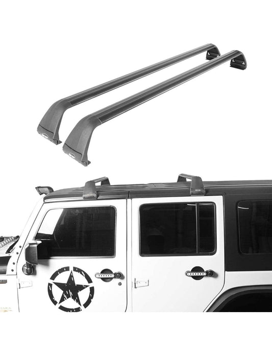 Roof rack cross bars compatible with Jeep Wrangler JK JL Gladiator JT 4-door hard tops 2007-2024 with aluminum alloy construction and easy bolt-on installation