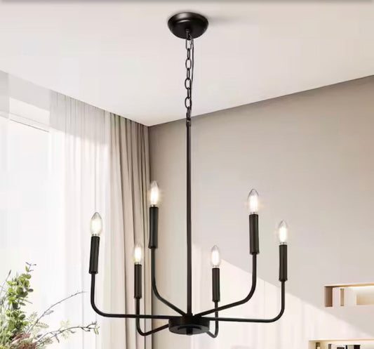 LNC Industrial 6-Light black candlestick chandelier with matte finish and adjustable chain for modern classic decor