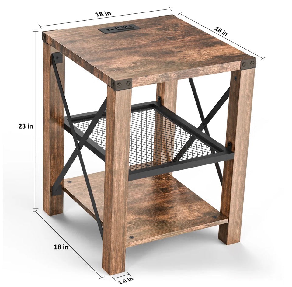 17 stories Eidelweiss Tall End Table Nightstand with 2 USB Ports, 2 Power Outlets, and 2 Storage Shelves