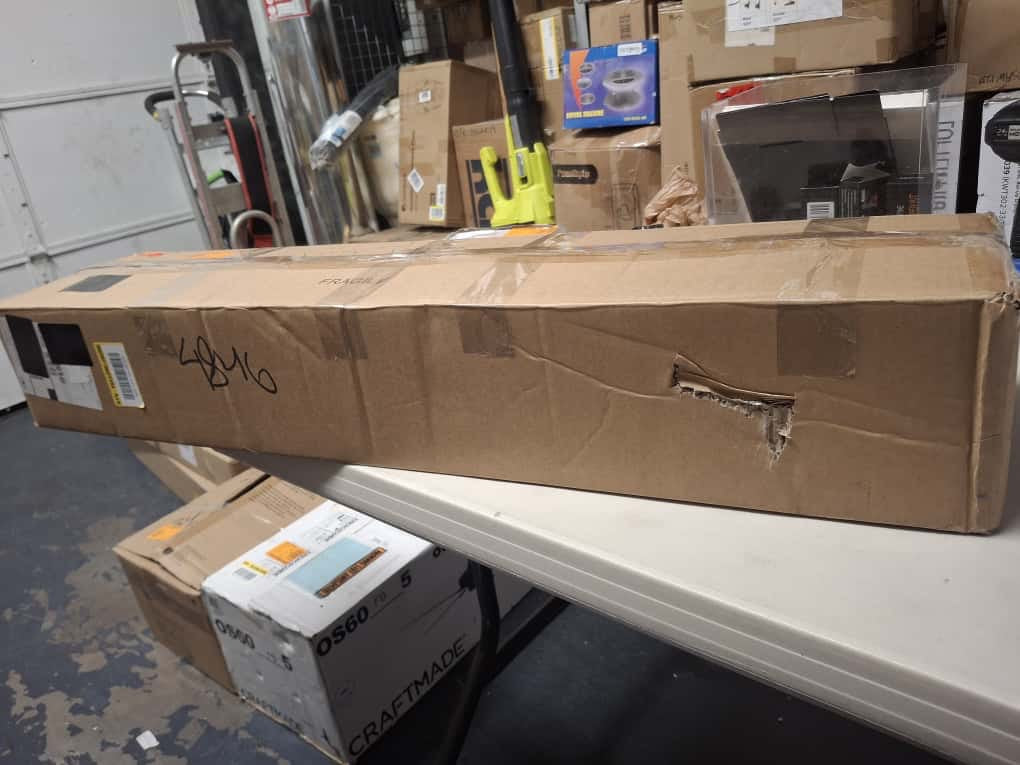 OPEN BOX NEW LNC Modern 35.5 in. 5-Light Aged Brass Vanity Light with Black Linear Frame and Clear Glass Globes