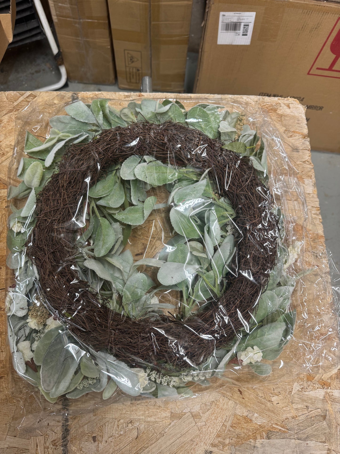24 Inch Summer Spring Ivory Flowers Wreath for Front Door, Everyday Lamb Ears Leaves Wreath with White Artificial Flower for Indoor and Outdoor, Rusti