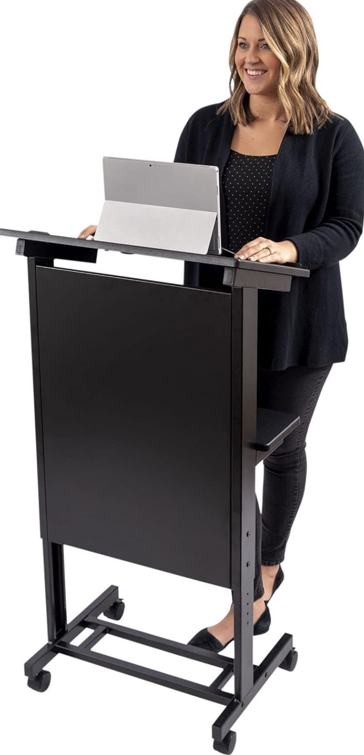 Mobile adjustable height rolling lectern podium with black steel frame and shelves by Stand Up Desk Store, featuring lockable casters and angled presenter’s shelf.