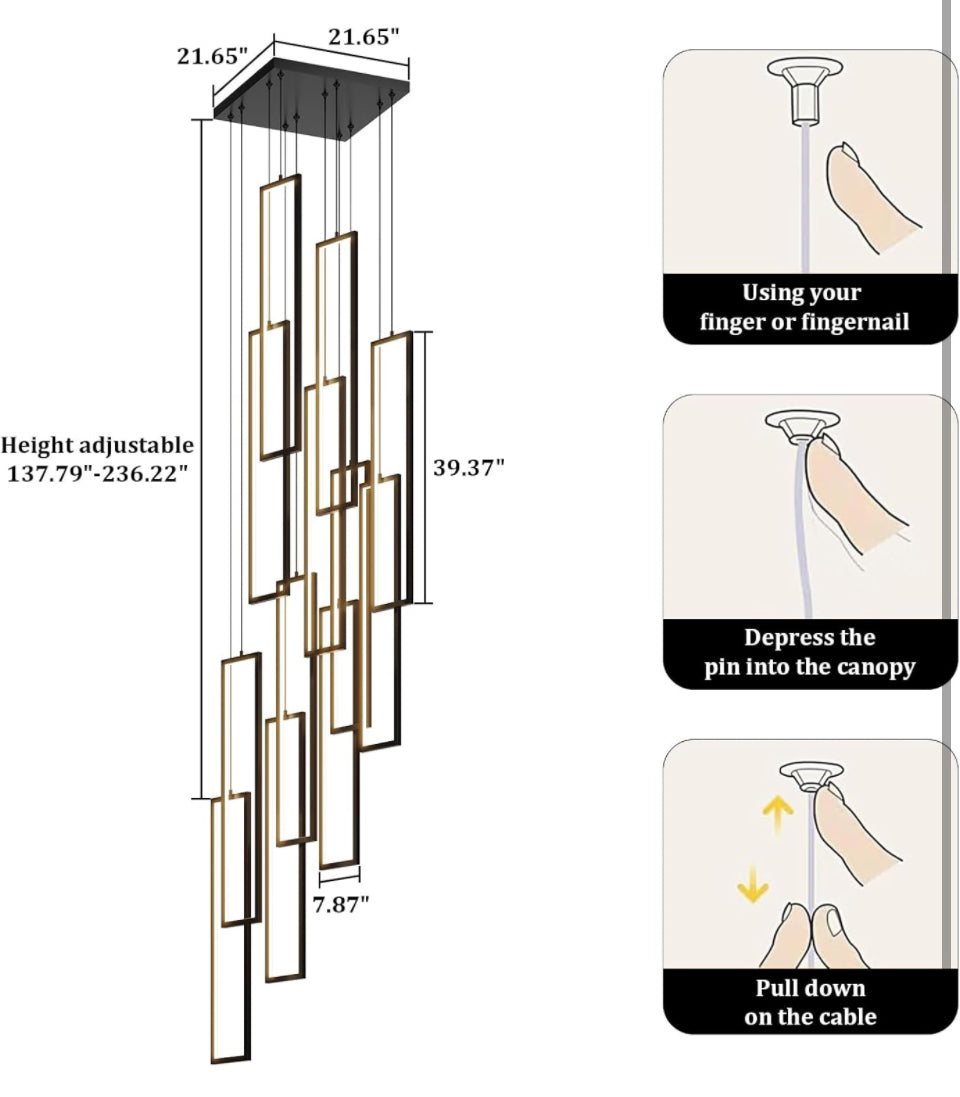 UPGENT Simple Modern LED Chandelier Stair Chandelier Dimmable 12 Ring Rectangular Chandelier high Door for Living Room lamp Hall lamp Remote Control - Selzalot