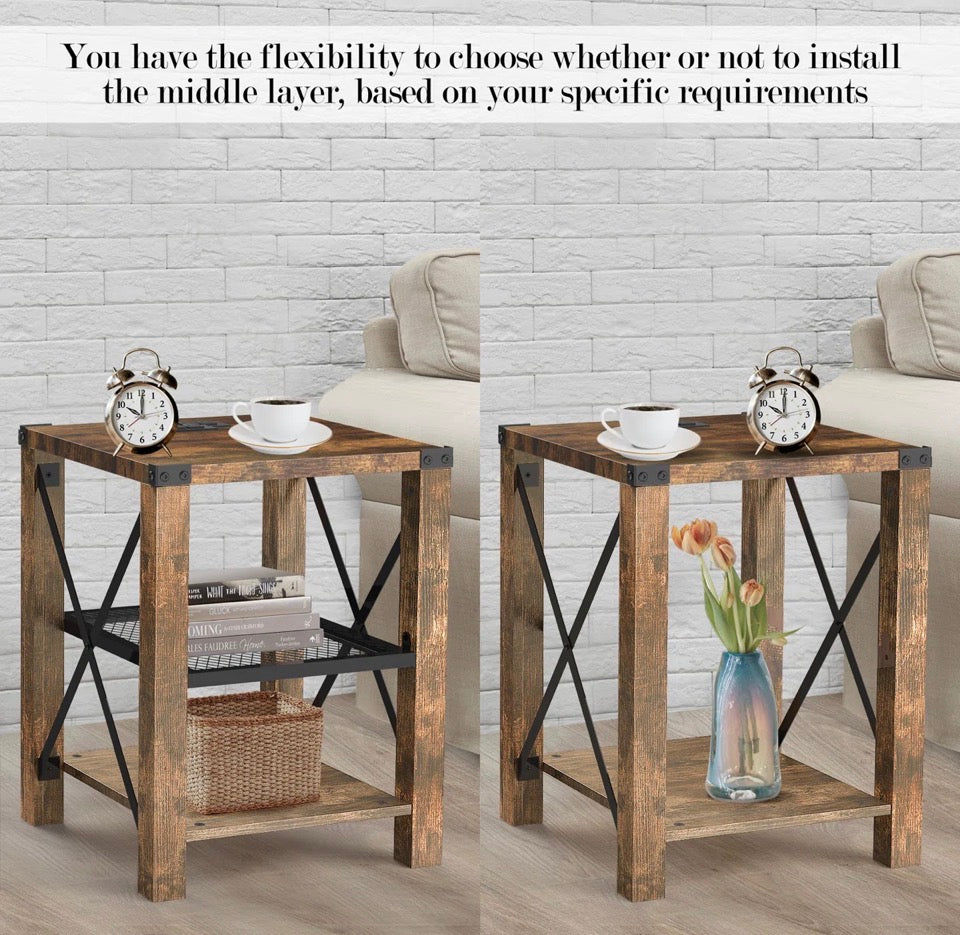 17 stories Eidelweiss Tall End Table Nightstand with 2 USB Ports, 2 Power Outlets, and 2 Storage Shelves