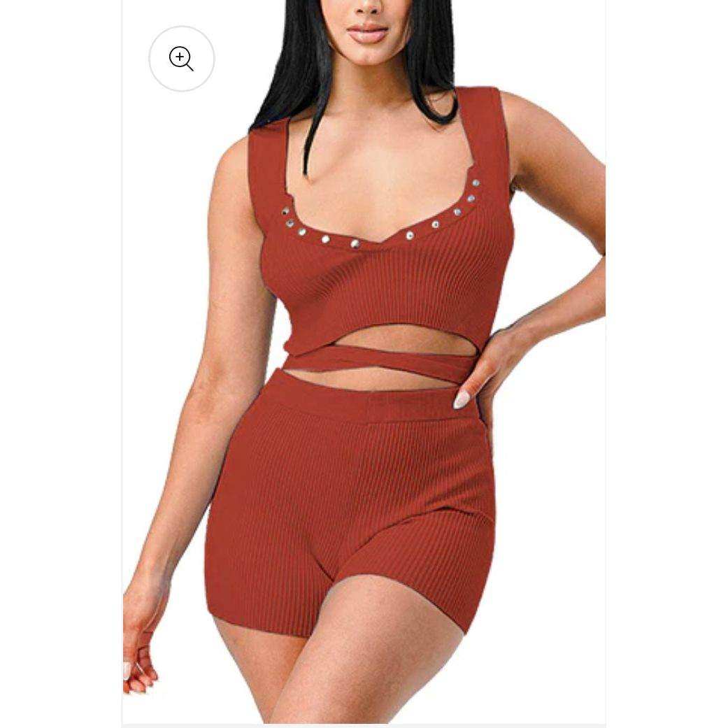 Mocha luxury knit waist-tied crop top and shorts set.